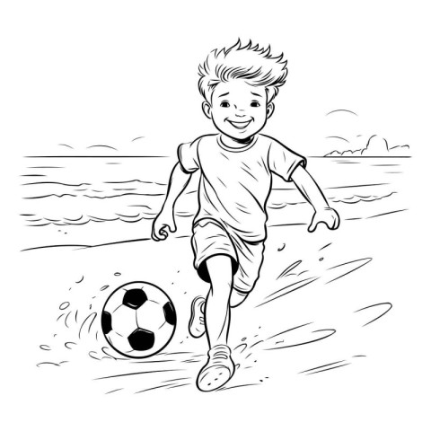 Boy playing soccer on the beach. Black and white vector illustra