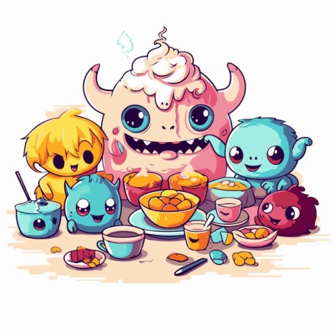 Illustration of a group of funny cartoon monsters having breakfa