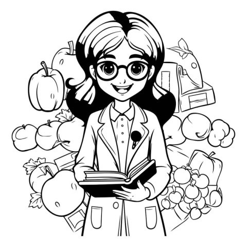 Black and White Cartoon Illustration of Schoolgirl with Books an