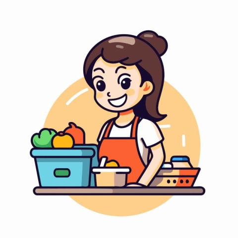 Girl cooking in the kitchen. Vector illustration in a flat style