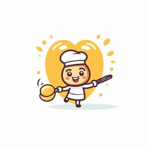 Cute chef with ladle and spoon in heart shape. Vector illustrati