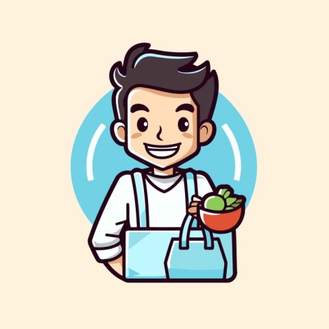 Cute cartoon man holding a bag of vegetables. Vector illustratio