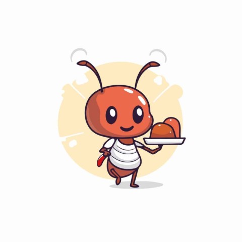 Ant cartoon character holding a plate of chocolate cake. Vector