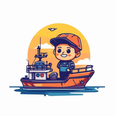 Fisherman on a boat. Vector illustration in cartoon style.