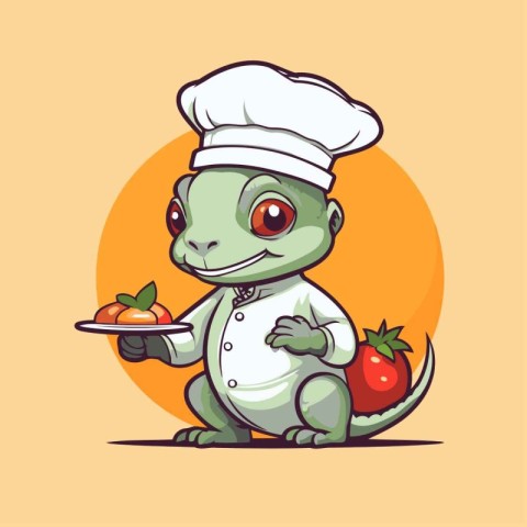 Cute little crocodile chef holding plate of strawberries. Vector