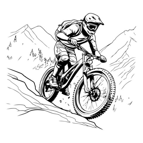 Mountain biker on a mountain bike. Vector illustration. Monochro