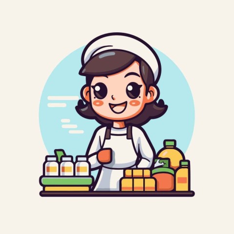 Cute little girl chef in uniform. Vector illustration in cartoon