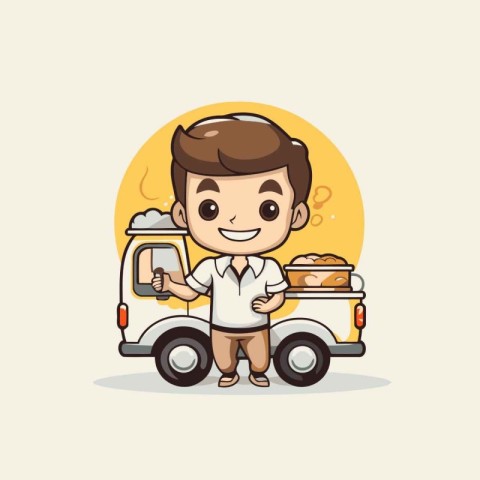 cute boy driving a tuk tuk with food vector illustration