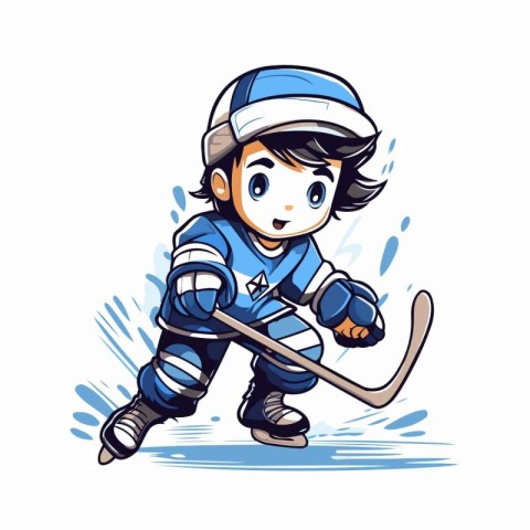 Cartoon boy playing ice hockey. Vector illustration on white bac