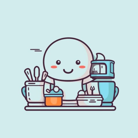 Cute cartoon character cooking in kitchen. Vector line art illus