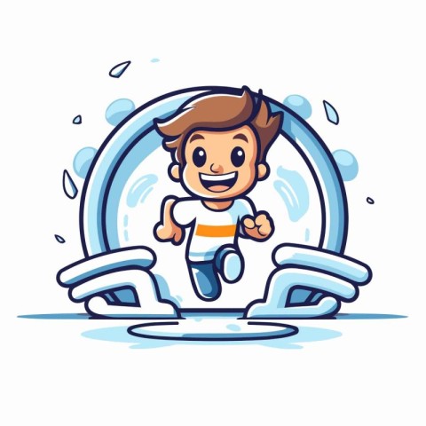 Cartoon boy running in the water. Cute vector illustration.