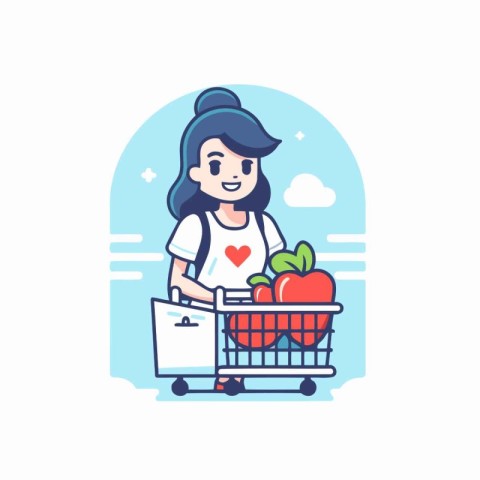 Young woman with shopping cart full of fruits and vegetables. Ve