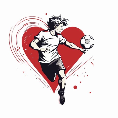 Soccer player with ball and heart. Hand drawn vector illustratio