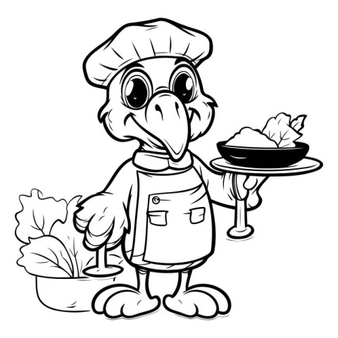 Black and White Cartoon Illustration of Cute Bird Chef Character