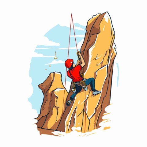 Climber on a cliff. Vector illustration. Cartoon style.