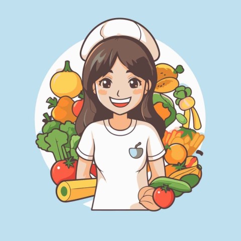 Cartoon vector illustration of a smiling female chef with vegeta