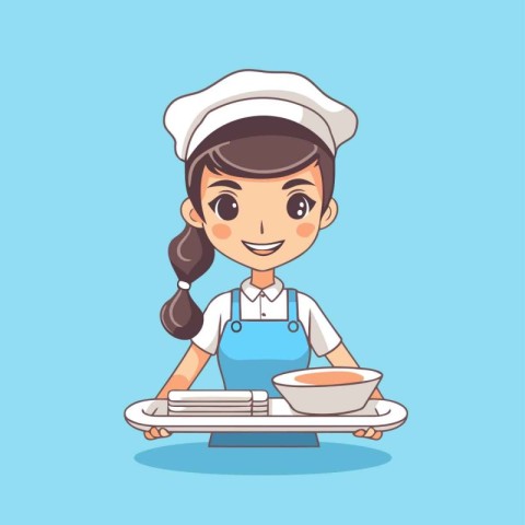 Cute cartoon chef woman holding plate with food. Vector illustra