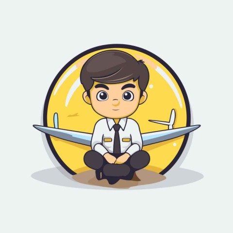 Cute Businessman Sitting on the Airplane - Vector Cartoon Charac