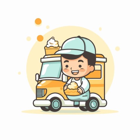 Cute boy with ice cream truck. Vector illustration in cartoon st