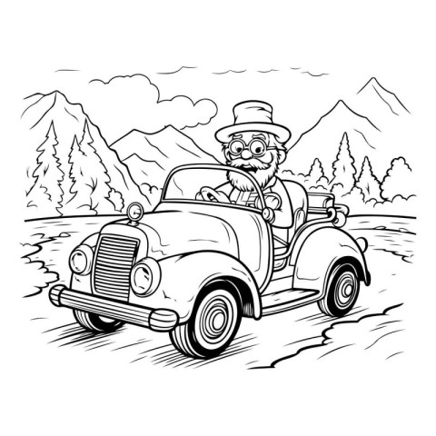 Old man driving a vintage car in the mountains. Vector illustrat