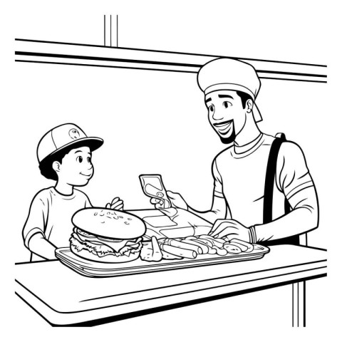 Fast food delivery man and boy with burger and sandwich vector i