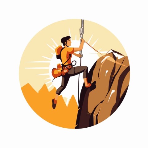 Rock climber on the mountain. Vector illustration in flat style.