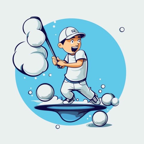 Illustration of a boy playing golf with a ball on the ice