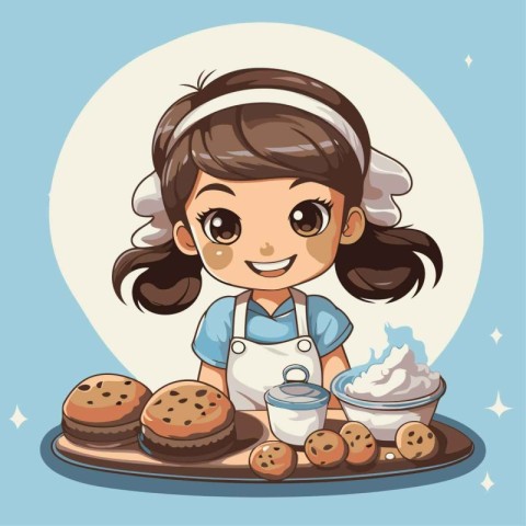 Cute little girl baking cookies. Vector illustration in cartoon