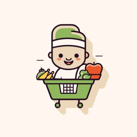 Cute boy with shopping cart full of fresh vegetables. Vector ill