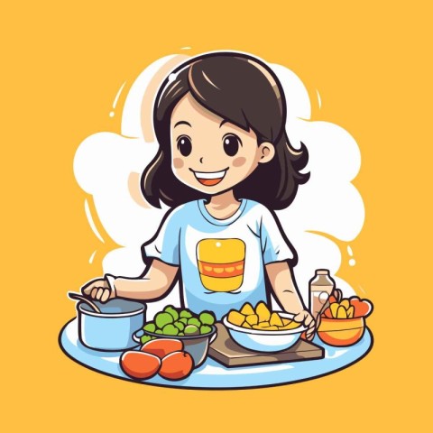 Girl cooking healthy food in the kitchen. Vector illustration of