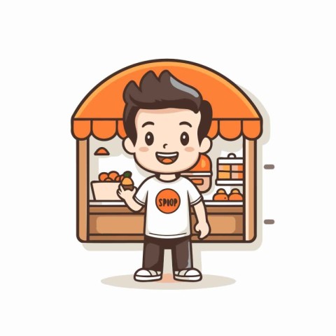 Cute boy buying food in supermarket cartoon vector illustration