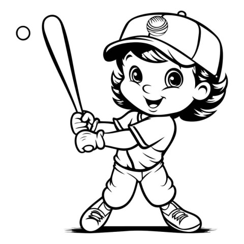 Cute Little Girl Baseball Player - Black and White Cartoon Illus