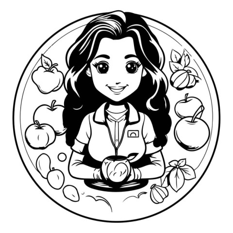 Cute cartoon girl with apples. Vector illustration. Coloring boo