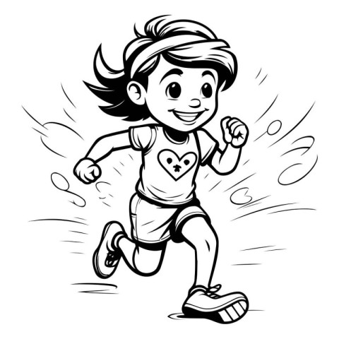 Black and White Cartoon Illustration of Kid Running for Coloring