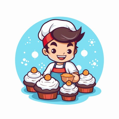 Cute boy chef with cupcakes. Vector illustration of cartoon char