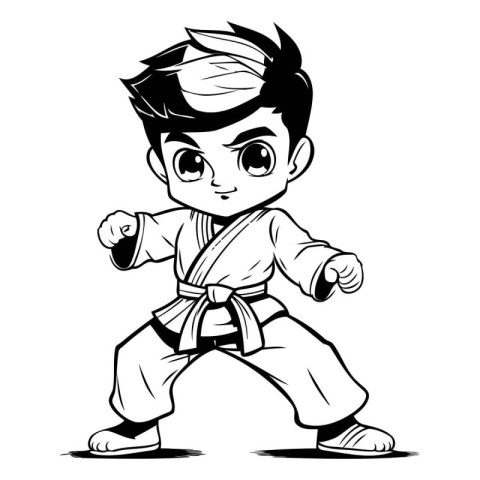 Karate Boy - Black and White Cartoon Illustration. Vector Art