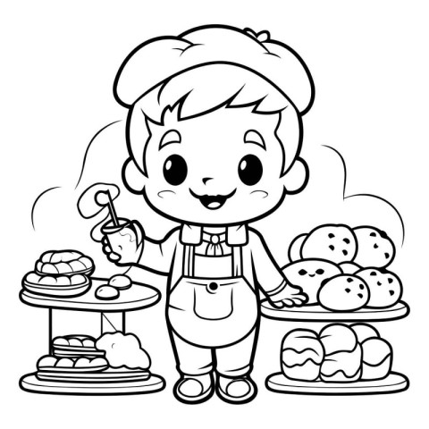 Black and White Cartoon Illustration of Cute Little Chef Charact