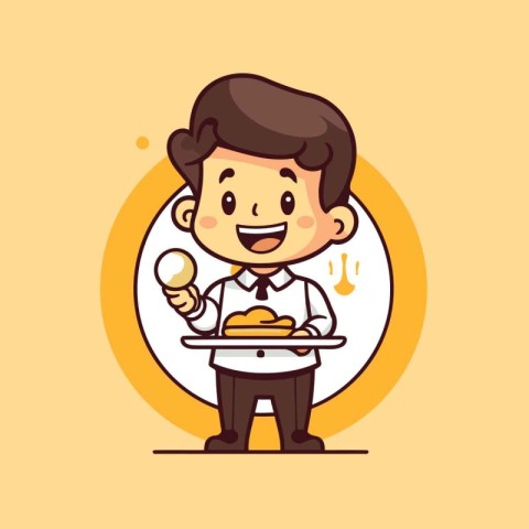 Character waiter with a tray of food. Vector flat design illustr