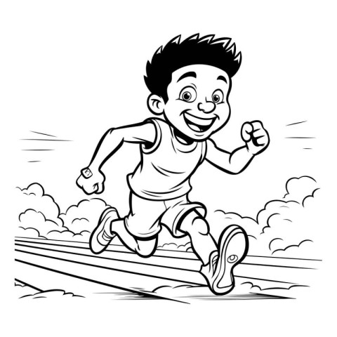 Vector illustration of a boy running on the road. Black and whit