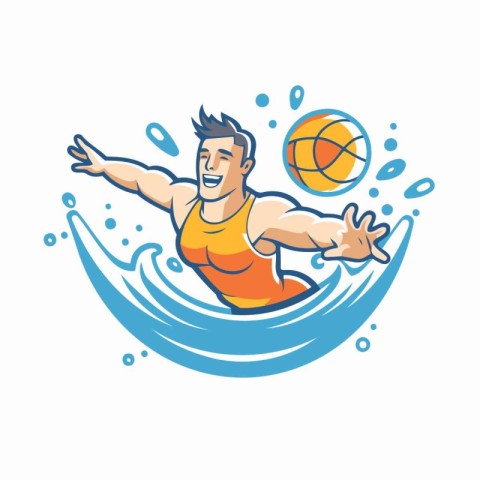 Vector illustration of a man playing volleyball on the waves. Ca