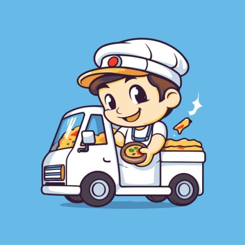 Cute cartoon pizza delivery boy in uniform and hat. Vector illus