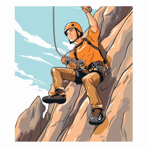 Rock climber on a cliff. Vector illustration of a man climbing.