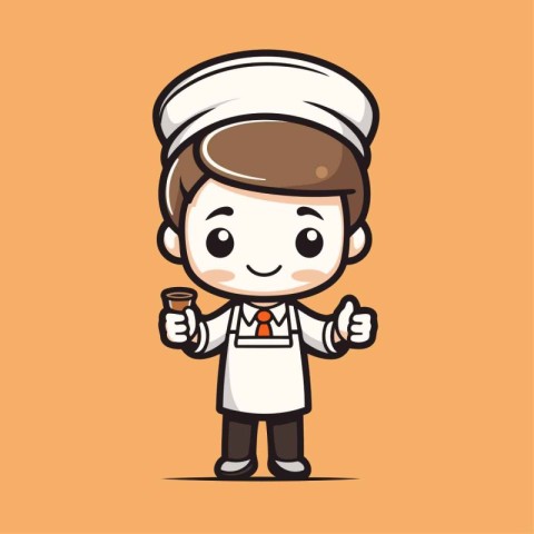 Cute chef with coffee cup cartoon character design. Vector illus