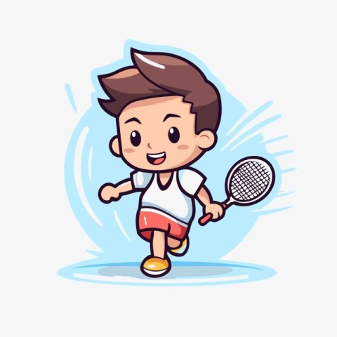 Cute little boy playing tennis. Vector illustration. Cartoon sty