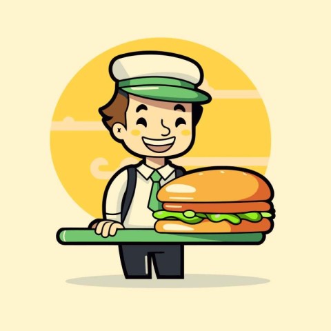 Handsome waiter holding a tray with hamburger. Vector illustrati