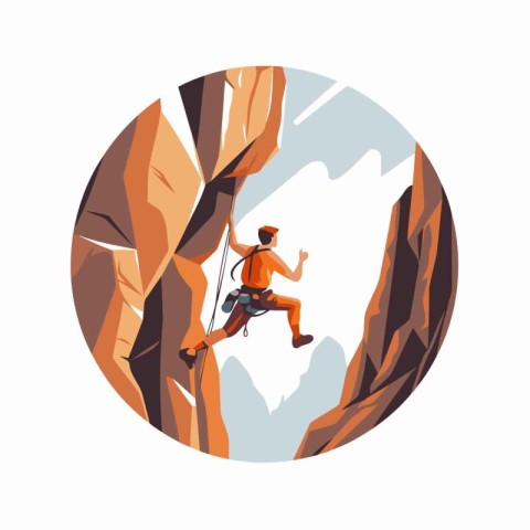 Male rock climber climbing on a cliff. Flat vector illustration.