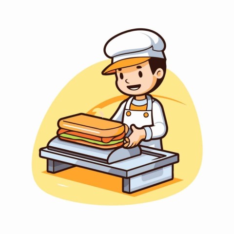 Cute cartoon chef with a sandwich in his hand. Vector illustrati