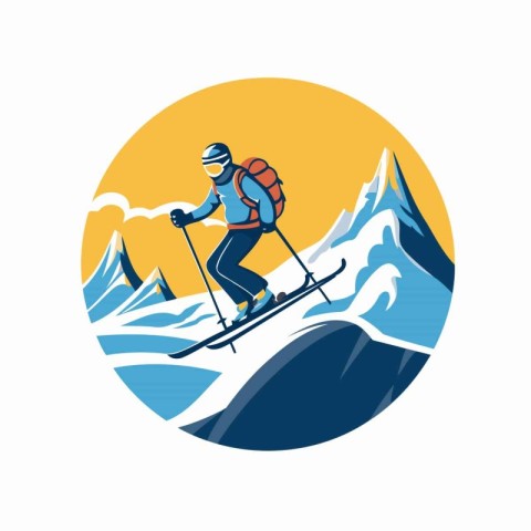 Skiing icon. Vector illustration of skier jumping on snow mounta