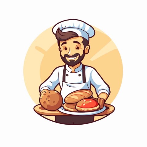 Chef holding a plate with food. Vector illustration in cartoon s