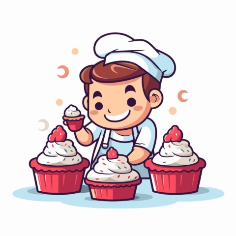 Cute chef boy with cupcakes. Vector illustration in cartoon styl